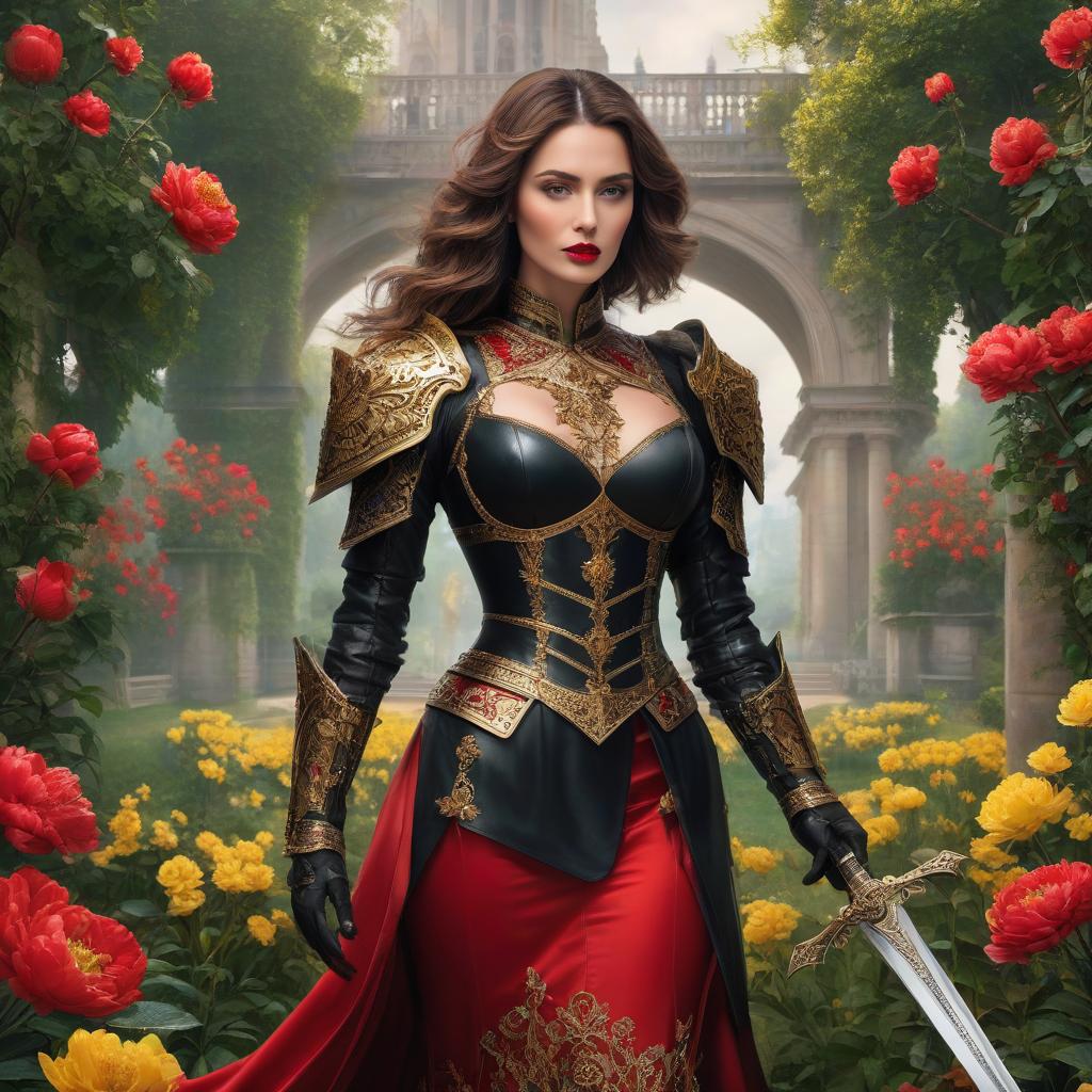  The with the brown hair. Тhe dress, the purse, the brown eyes. , red lips. A in armor. Armor below the . High detailing and treatment of the face and other parts of the body Fire. The rigor of the lines. Power. The sword gives off electric shocks. Highly detailed, highly detailed, highly detailed image and all details. ((Sparkling rim)): spring field, hyacinths, roses, rosehips, rose hips, peonies, cherry tree, yellow, red, black flowers, forget me nots. Nature in the background, spring, delight. Luxury, richness. High quality. Swarovski, pandora. The Emerald Palace, the towers. Holobue sky. Golden spires, Gothic style. Fantasy, fairy tale. Poppy field in front of palace. Emerald stones, Green Alley.Luxury, wealth. sp hyperrealistic, full body, detailed clothing, highly detailed, cinematic lighting, stunningly beautiful, intricate, sharp focus, f/1. 8, 85mm, (centered image composition), (professionally color graded), ((bright soft diffused light)), volumetric fog, trending on instagram, trending on tumblr, HDR 4K, 8K