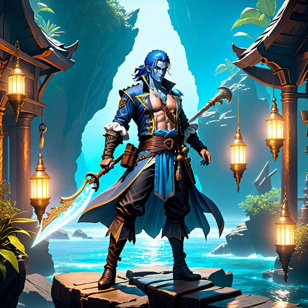  role playing game (RPG) style fantasy Frame in full height. A man pirate with blue skin, his hair seems to float in the air, he controls water with his staff like monks. In the style of fantasy. . detailed, vibrant, immersive, reminiscent of high fantasy RPG games hyperrealistic, full body, detailed clothing, highly detailed, cinematic lighting, stunningly beautiful, intricate, sharp focus, f/1. 8, 85mm, (centered image composition), (professionally color graded), ((bright soft diffused light)), volumetric fog, trending on instagram, trending on tumblr, HDR 4K, 8K