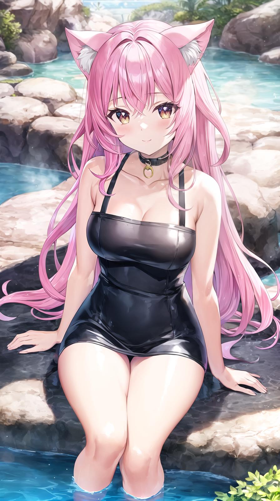  master piece , best quality,Cat ears, pink hair, big s, , beautiful , hot spring, as born