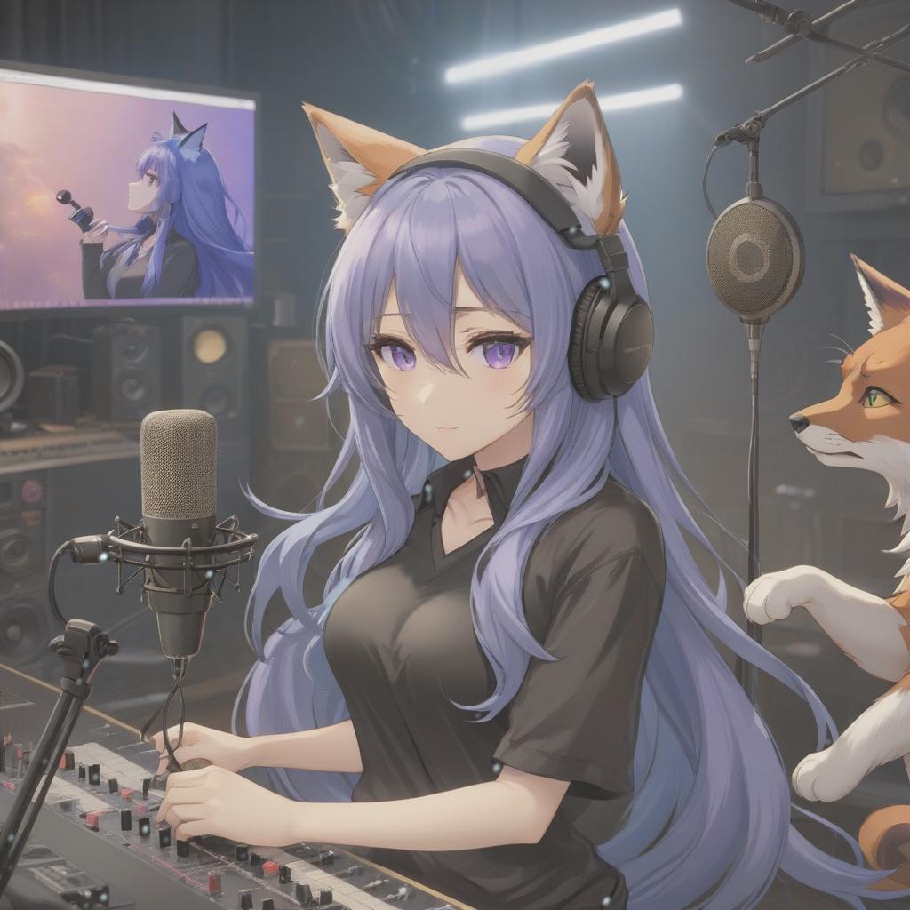  anime artwork A girl with long blue hair, cat ears, violet eyes, wearing a black shirt with a fox image sits in front of a microphone with a fox. Recording studio. . anime style, key visual, vibrant, studio anime, highly detailed hyperrealistic, full body, detailed clothing, highly detailed, cinematic lighting, stunningly beautiful, intricate, sharp focus, f/1. 8, 85mm, (centered image composition), (professionally color graded), ((bright soft diffused light)), volumetric fog, trending on instagram, trending on tumblr, HDR 4K, 8K