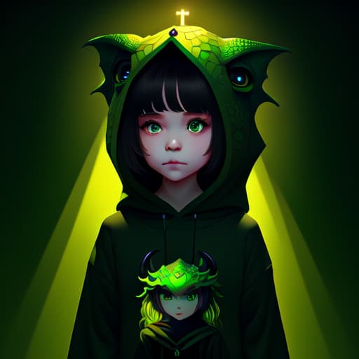 in OliDisco style a cute little girl wearing a green and black dragon hooded sweater