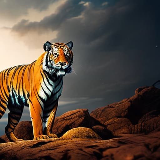  Tiger hyperrealistic, full body, detailed clothing, highly detailed, cinematic lighting, stunningly beautiful, intricate, sharp focus, f/1. 8, 85mm, (centered image composition), (professionally color graded), ((bright soft diffused light)), volumetric fog, trending on instagram, trending on tumblr, HDR 4K, 8K