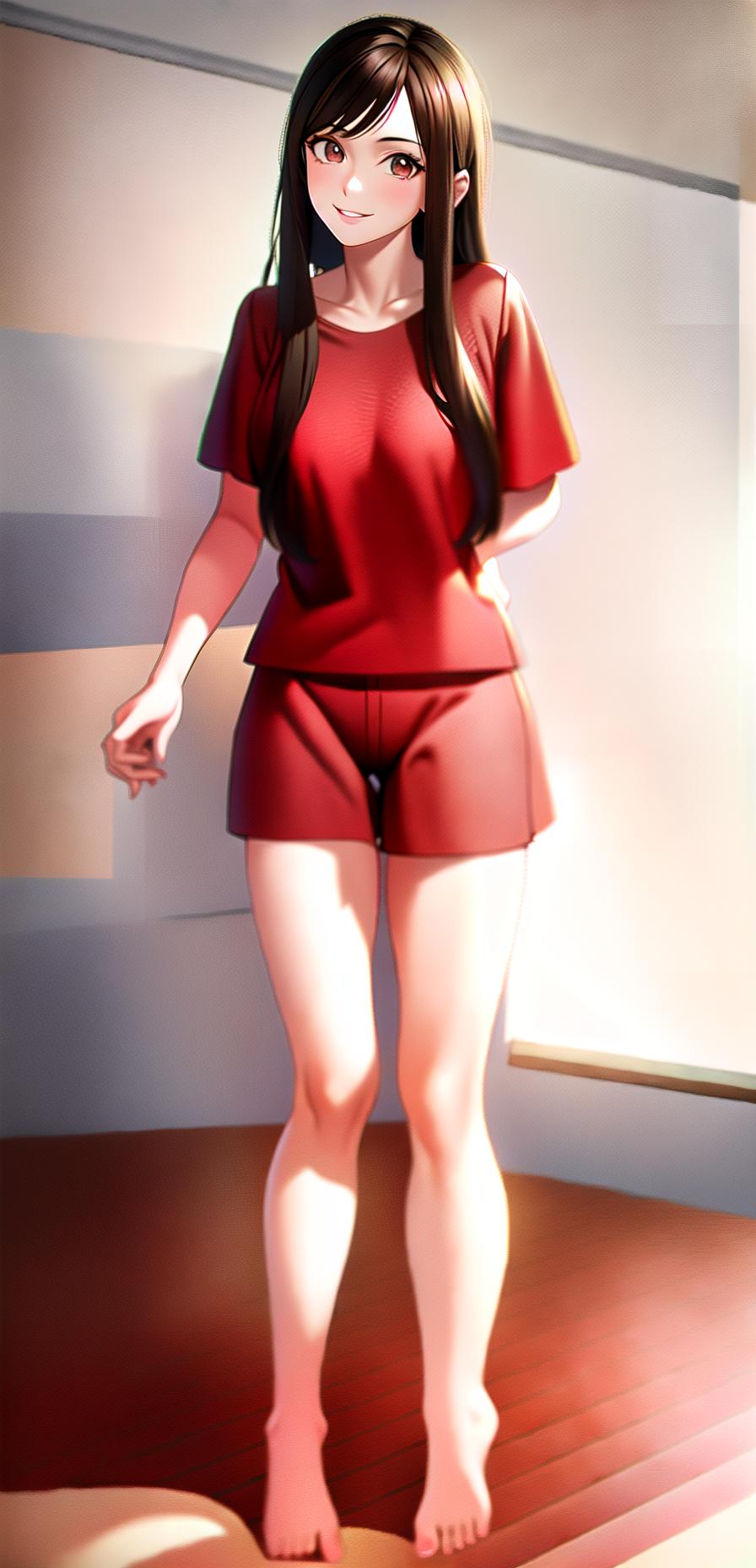  Brown hair girl, smiling, long hair, red pajamas, denim shorts, beautiful legs, back appearance, lower body, bed, (Masterpiece, BestQuality:1.3), (ultra detailed:1.2), (hyperrealistic:1.3), (RAW photo:1.2),High detail RAW color photo, professional photograph, (Photorealistic:1.4), (realistic:1.4), ,professional lighting, (japanese), beautiful face, (realistic face)