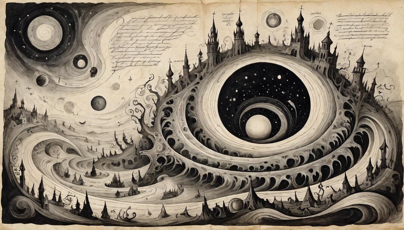  on parchment, surrealism+++, Complaints visualized as black holes, swirling vortexes, drawing in light, dark energy waves, cosmic chaos, ominous, foreboding(mysterious, provocative, symbolic,muted color)+++