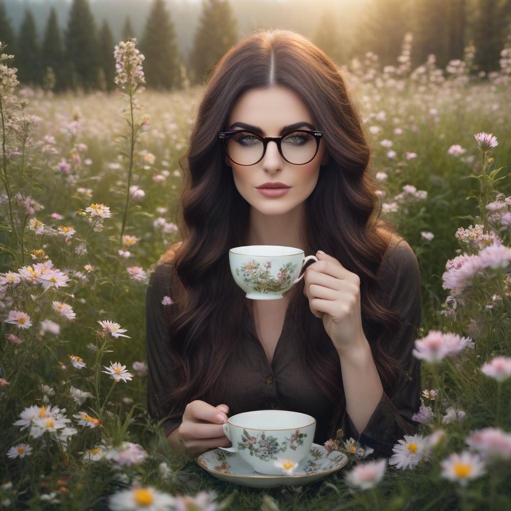  A dark haired girl in tortoiseshell glasses sits in a blooming meadow, sipping tea from a delicate porcelain cup and saucer. hyperrealistic, full body, detailed clothing, highly detailed, cinematic lighting, stunningly beautiful, intricate, sharp focus, f/1. 8, 85mm, (centered image composition), (professionally color graded), ((bright soft diffused light)), volumetric fog, trending on instagram, trending on tumblr, HDR 4K, 8K