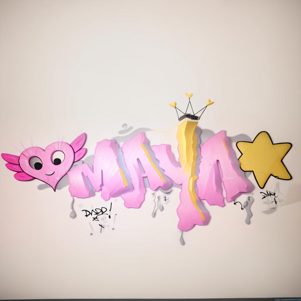  3d render of a graffiti, pink yellow fill in, with black outlines, hearth caracter design, star on side, on white background, best quality, masterpiece
