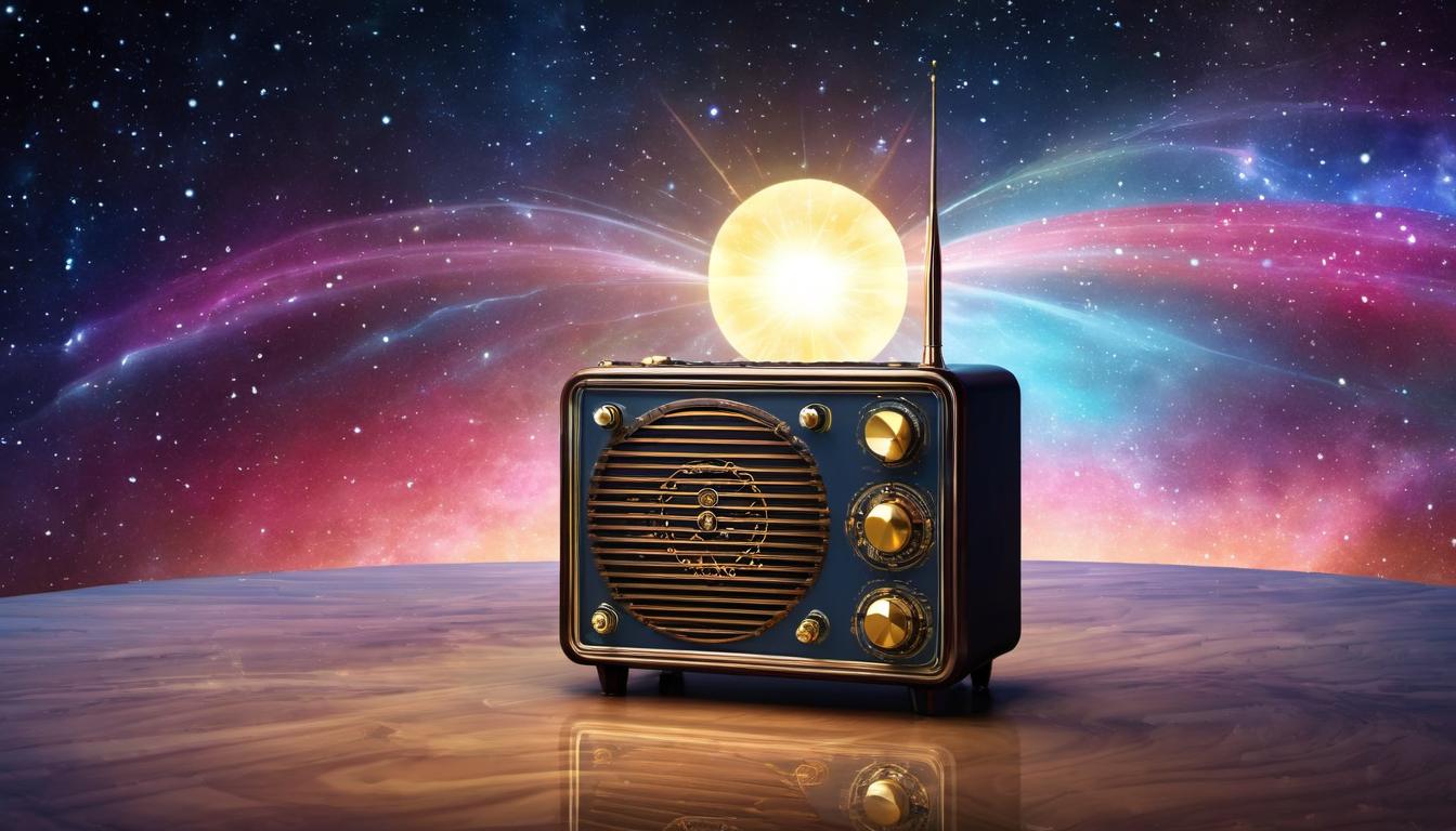  digital illustration An antique radio with celestial symbols, transmitting waves of light and stars, tuned in, guidance. looking at viewer, dynamic pose, (intricate details, masterpiece, best quality)