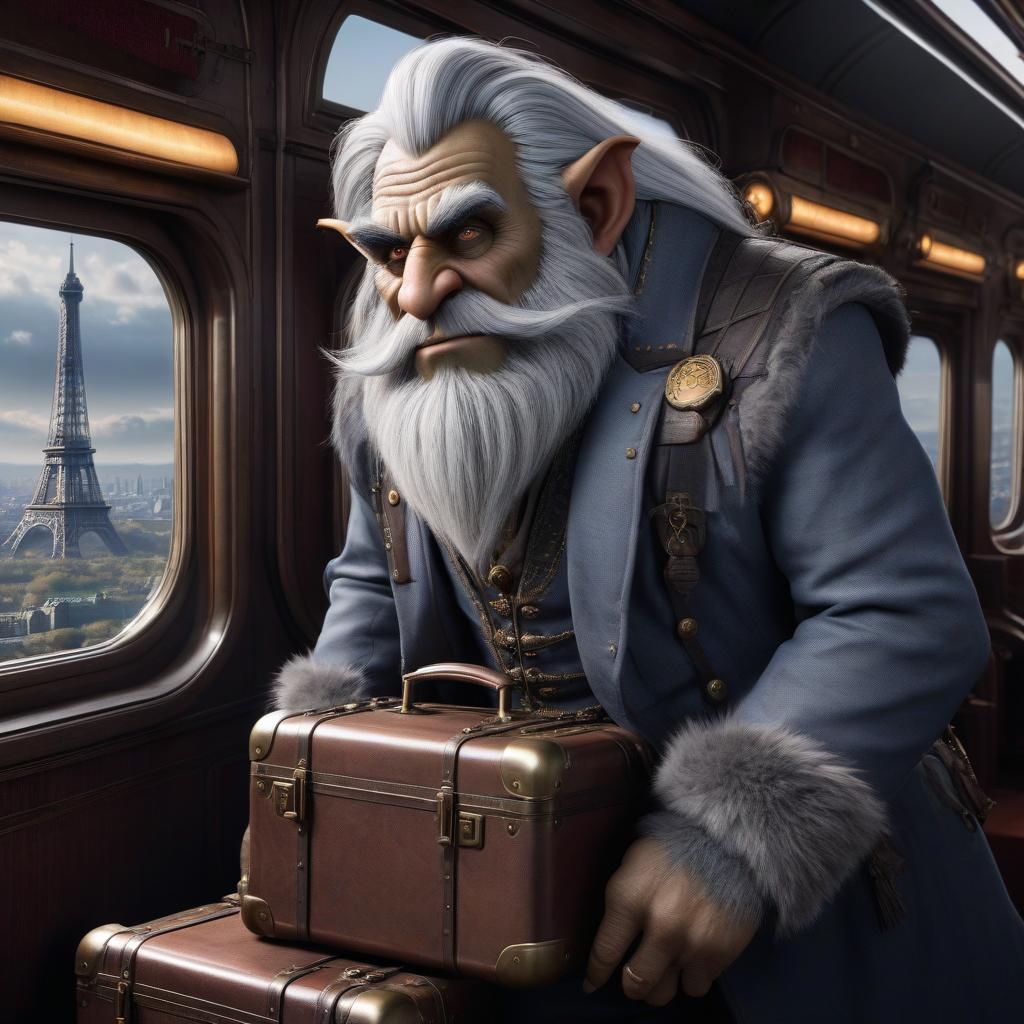  A high resolution masterpiece in the style of the Warcraft III game, a troll with gray hair, a train compartment, suitcases with stickers, a spruce club at the ready, the moon outside the carriage window, the Eiffel Tower in the distance, ultra detail. hyperrealistic, full body, detailed clothing, highly detailed, cinematic lighting, stunningly beautiful, intricate, sharp focus, f/1. 8, 85mm, (centered image composition), (professionally color graded), ((bright soft diffused light)), volumetric fog, trending on instagram, trending on tumblr, HDR 4K, 8K