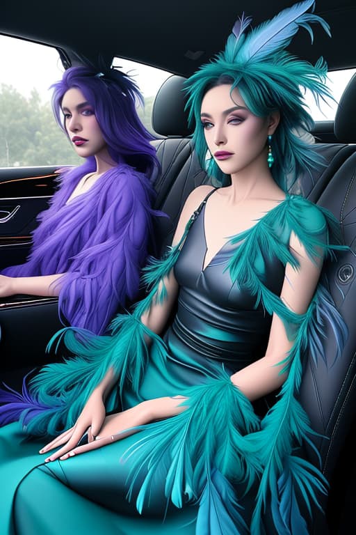  interior car with black leather seats with small purple accent, on front and wheel seat sitting a lady character design, feathers top and long dress made with purple, dark blue green, turquoise fathers