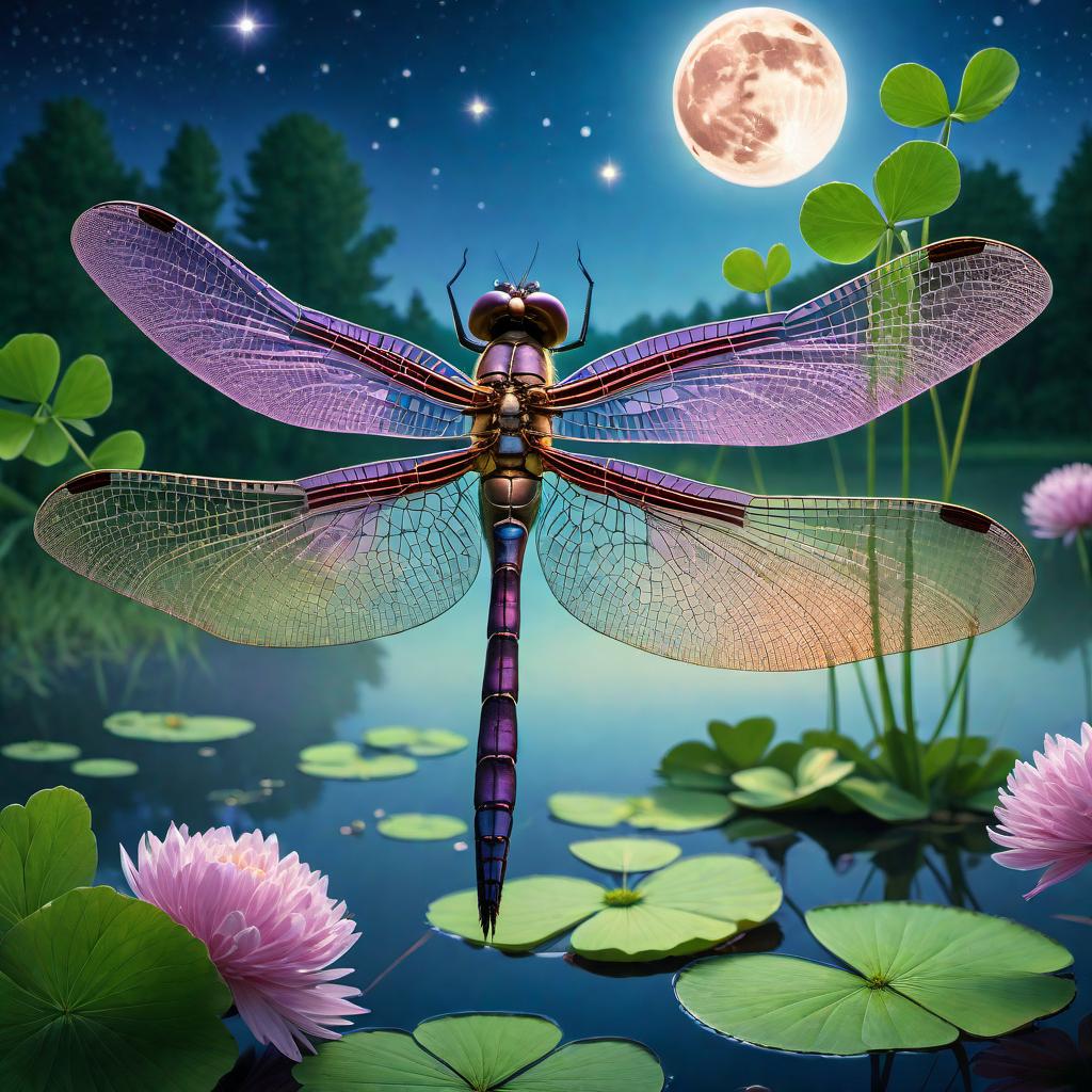  A lower, worm's-eye view showing a single dragonfly flying upwards towards the sky from a four-leaf clover at the edge of a pond. The dragonfly has vibrant reflective green, purple, and blue colors. The pond clearly reflects both the colorful dragonfly and the full moon. The background features a blue night sky with a full moon in view and stars lightly scattered around. The image captures the details of the vibrant dragonfly, the four-leaf clover, and the serene beauty of the night sky, particularly focusing on the reflections of the colorful dragonfly and the moon in the pond. hyperrealistic, full body, detailed clothing, highly detailed, cinematic lighting, stunningly beautiful, intricate, sharp focus, f/1. 8, 85mm, (centered image composition), (professionally color graded), ((bright soft diffused light)), volumetric fog, trending on instagram, trending on tumblr, HDR 4K, 8K