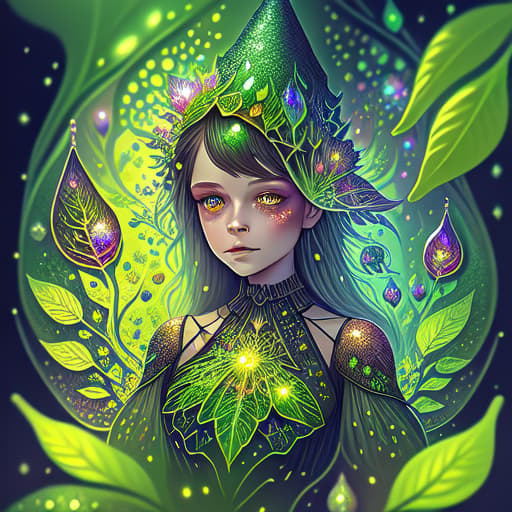 in OliDisco style macro. illustration, incredibly cute witch, sequins, glitter, gut, high resolution, fractal leaves, drawing details, fantasy, hyperdetalization, glass dew , fantasy, colorful, dark botanical