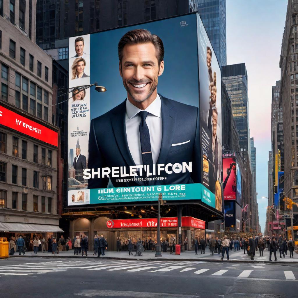  A realistic rendering of the gentleman from the image, depicted smiling and placed on a large billboard in New York City. The billboard should be surrounded by the vibrant cityscape, including iconic buildings, busy streets, and bright lights. The overall theme should convey a mature and professional look. hyperrealistic, full body, detailed clothing, highly detailed, cinematic lighting, stunningly beautiful, intricate, sharp focus, f/1. 8, 85mm, (centered image composition), (professionally color graded), ((bright soft diffused light)), volumetric fog, trending on instagram, trending on tumblr, HDR 4K, 8K