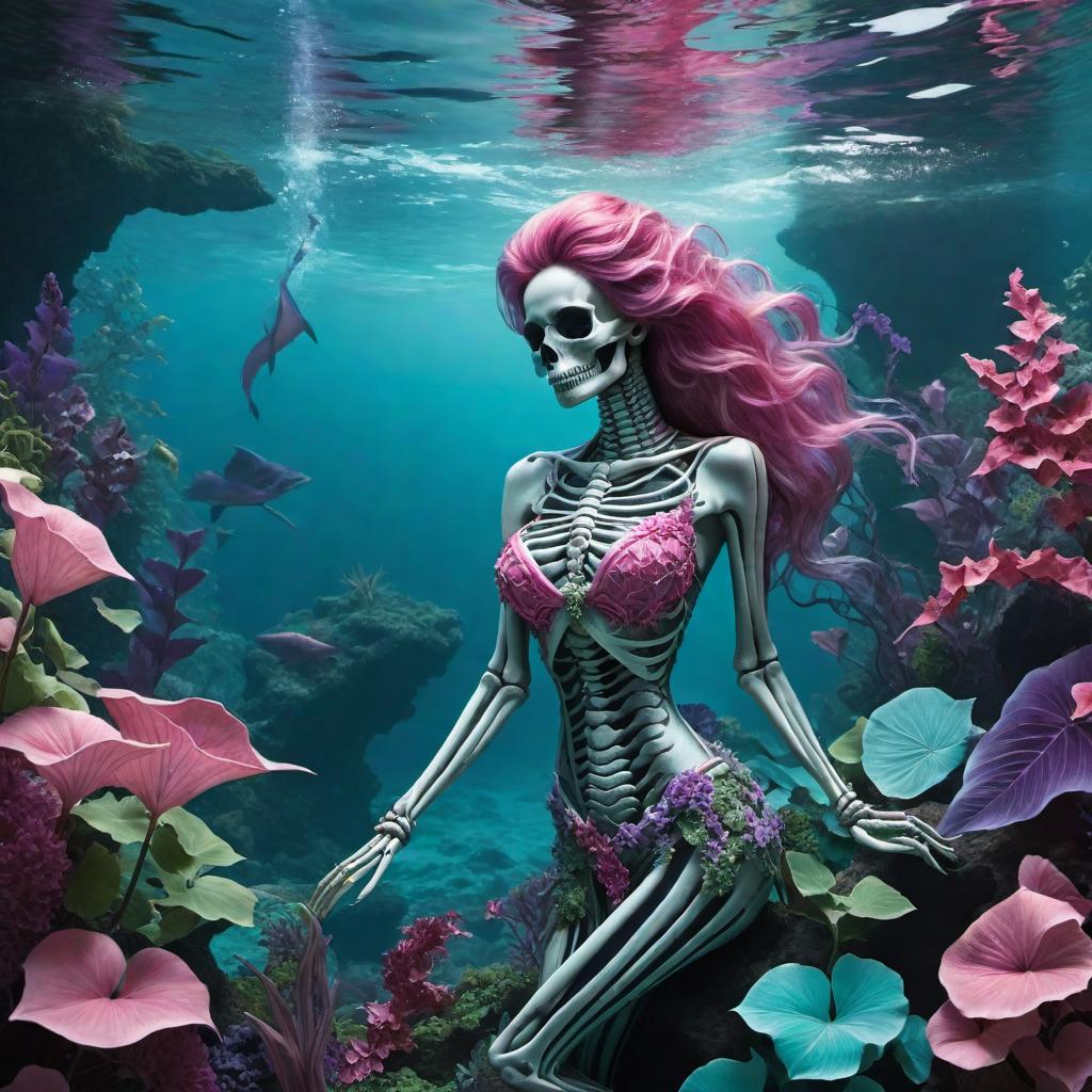  A painting on canvas with colors turquoise, pink, purple, with pink ivy entwined around a skeleton mermaid underwater. hyperrealistic, full body, detailed clothing, highly detailed, cinematic lighting, stunningly beautiful, intricate, sharp focus, f/1. 8, 85mm, (centered image composition), (professionally color graded), ((bright soft diffused light)), volumetric fog, trending on instagram, trending on tumblr, HDR 4K, 8K