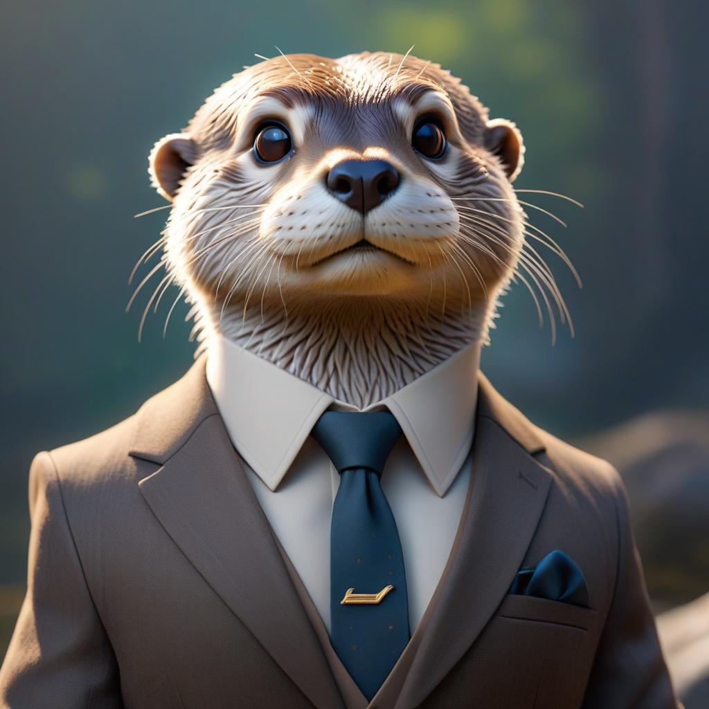  Otter in a business suit hyperrealistic, full body, detailed clothing, highly detailed, cinematic lighting, stunningly beautiful, intricate, sharp focus, f/1. 8, 85mm, (centered image composition), (professionally color graded), ((bright soft diffused light)), volumetric fog, trending on instagram, trending on tumblr, HDR 4K, 8K