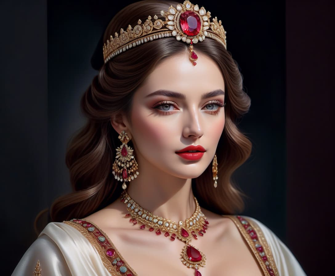  hyperrealistic art A painting with colors, a portrait of a stunningly beautiful woman with a perfect face, finely combed hair, a diadem with precious stones on her head, a ruby necklace on her neck, a voluminous bust, a round, tall chest, white skin, a fancy, antique dress, beautifully detailed image, attention to detail, maximum clarity of the image, a professional, realistic painting with colors, a masterpiece, a work of art. . extremely high resolution details, photographic, realism pushed to extreme, fine texture, incredibly lifelike hyperrealistic, full body, detailed clothing, highly detailed, cinematic lighting, stunningly beautiful, intricate, sharp focus, f/1. 8, 85mm, (centered image composition), (professionally color graded), ((bright soft diffused light)), volumetric fog, trending on instagram, trending on tumblr, HDR 4K, 8K