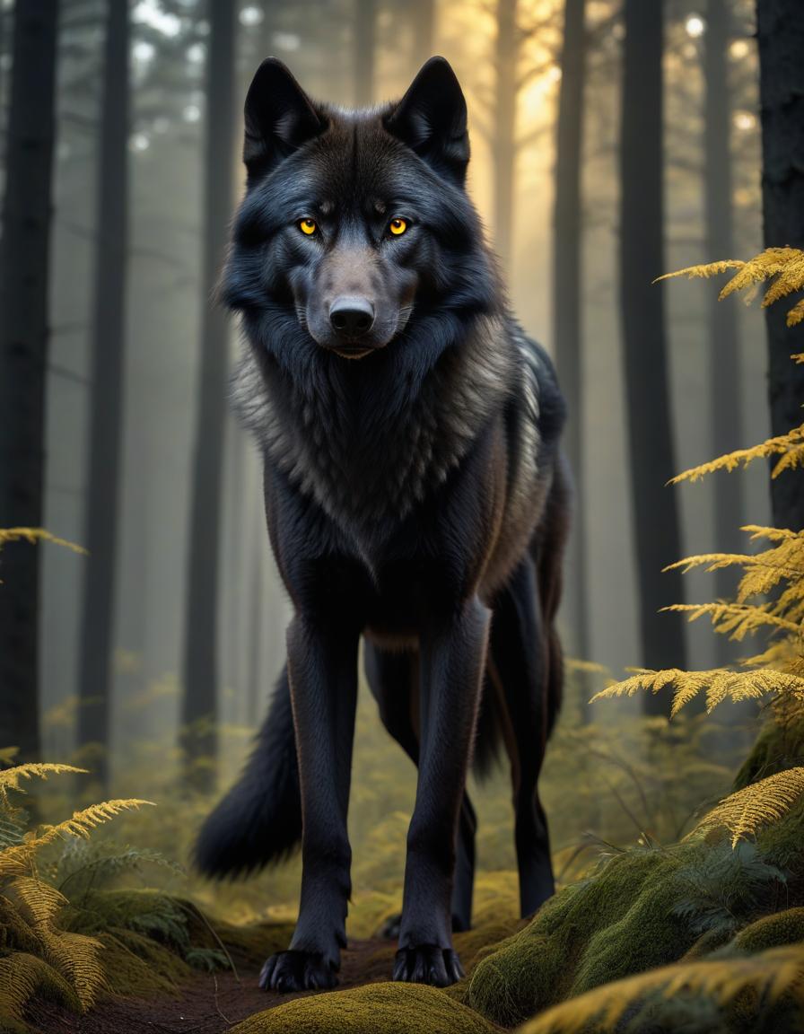  A large black wolf in its entirety, bright yellow eyes, looking straight, night, forest, fantasy, hyperrealism, UHD. hyperrealistic, full body, detailed clothing, highly detailed, cinematic lighting, stunningly beautiful, intricate, sharp focus, f/1. 8, 85mm, (centered image composition), (professionally color graded), ((bright soft diffused light)), volumetric fog, trending on instagram, trending on tumblr, HDR 4K, 8K