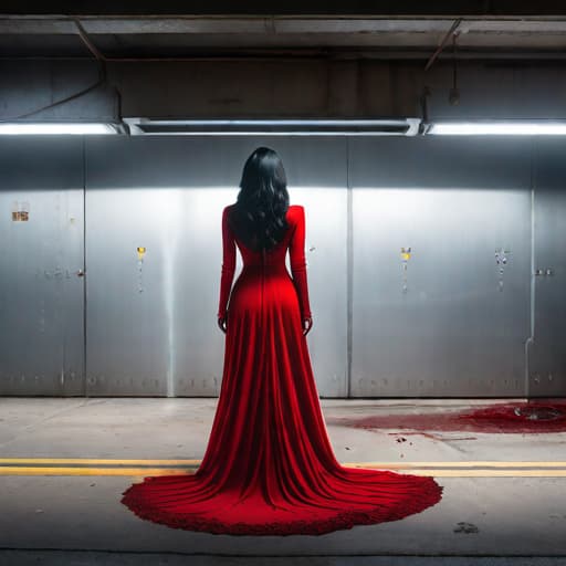  In a corner of the underground parking lot, stands a female ghost wearing a red dress. Disheveled black hair obscures her face, and there are bloodstains on the dress hyperrealistic, full body, detailed clothing, highly detailed, cinematic lighting, stunningly beautiful, intricate, sharp focus, f/1. 8, 85mm, (centered image composition), (professionally color graded), ((bright soft diffused light)), volumetric fog, trending on instagram, trending on tumblr, HDR 4K, 8K