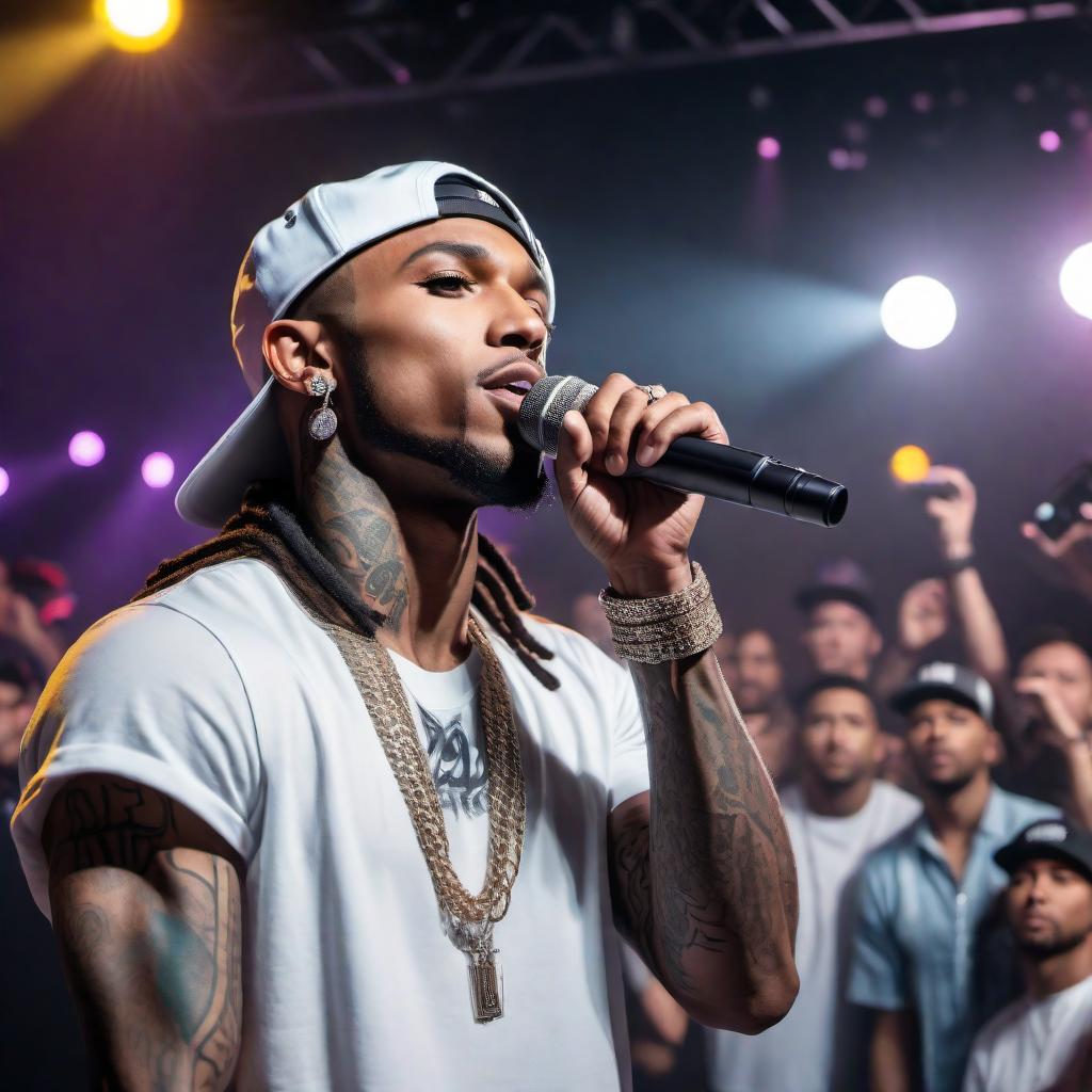  A young white rapper on stage, holding a microphone, with bright lights shining down on him. He has a confident expression and is dressed in trendy streetwear. The stage is lively, with colorful spotlights creating a dynamic atmosphere. The audience is visible in the background, cheering him on; A white rapper performing on a concert stage, clutching a microphone. A series of vibrant lights illuminate him from various angles, highlighting his energetic performance. He wears a stylish baseball cap and has tattoos visible on his arms. The background shows large speakers and a hyped-up crowd; A white rapper stands center stage, beaming while holding a microphone triumphantly. The concert lights create a dramatic effect, casting shadows and hig hyperrealistic, full body, detailed clothing, highly detailed, cinematic lighting, stunningly beautiful, intricate, sharp focus, f/1. 8, 85mm, (centered image composition), (professionally color graded), ((bright soft diffused light)), volumetric fog, trending on instagram, trending on tumblr, HDR 4K, 8K