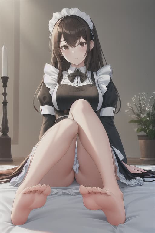  (score 9,score 8 up,score 7 up,),1girl,solo,maid,maid headdress,looking at viewer,apron,brown hair,indoors,black hair,bare foot,feet focus,two feet hyperrealistic, full body, detailed clothing, highly detailed, cinematic lighting, stunningly beautiful, intricate, sharp focus, f/1. 8, 85mm, (centered image composition), (professionally color graded), ((bright soft diffused light)), volumetric fog, trending on instagram, trending on tumblr, HDR 4K, 8K