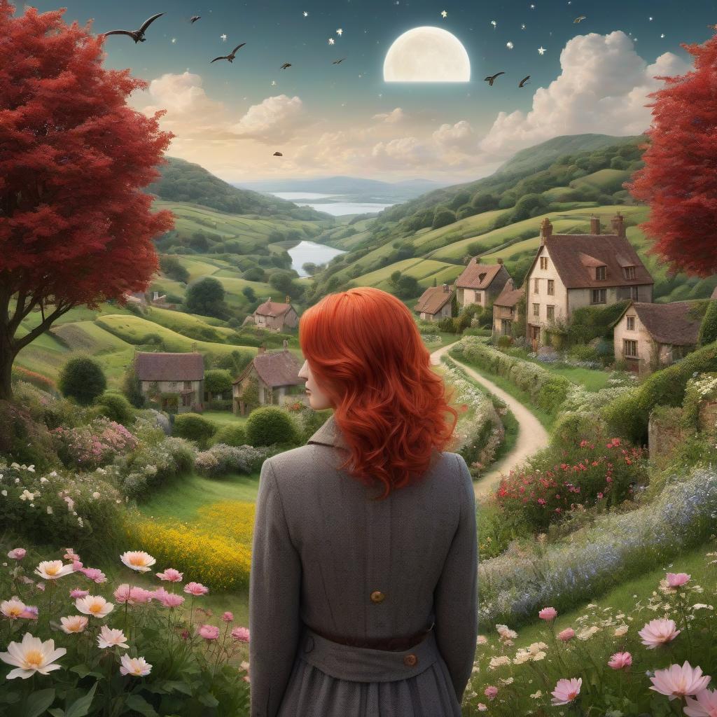  concept art "Girl standing standing in front of rolling hills of fields and hedges, and a quaint village nestled in the valley. She has red hair and is wearing her patchwork best, and is totally in harmony with her environment. woman holding the cosmos in her hands, calm, her hair fluttering full of birds, in the background is the universe full of birds, flowers and boats in Surreal artisanal hallucinations made entirely of Sun and Moon, highly detailed, fairytale, Dee Nickerson, elegant, sharp focus, 8 k, octane render" . digital artwork, illustrative, painterly, matte painting, highly detailed hyperrealistic, full body, detailed clothing, highly detailed, cinematic lighting, stunningly beautiful, intricate, sharp focus, f/1. 8, 85mm, (centered image composition), (professionally color graded), ((bright soft diffused light)), volumetric fog, trending on instagram, trending on tumblr, HDR 4K, 8K