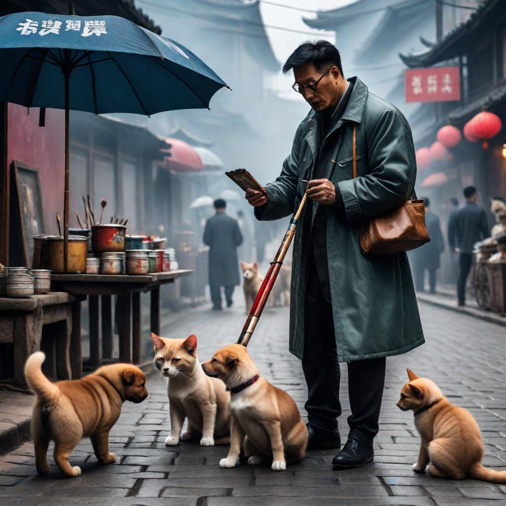  A painter cat is painting on the streets of Wuhan, while a group of puppies are watching. hyperrealistic, full body, detailed clothing, highly detailed, cinematic lighting, stunningly beautiful, intricate, sharp focus, f/1. 8, 85mm, (centered image composition), (professionally color graded), ((bright soft diffused light)), volumetric fog, trending on instagram, trending on tumblr, HDR 4K, 8K