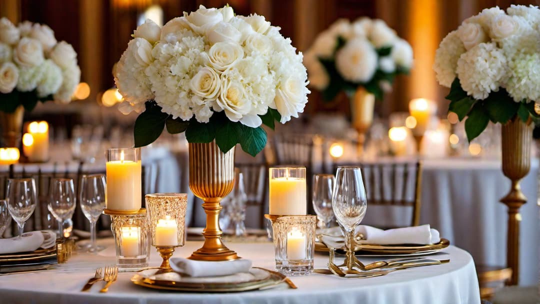  Create an image of an elegant wedding table centerpiece featuring a lush arrangement of white roses, peonies, and hydrangeas in a crystal vase. Include flickering votive candles in antique gold holders surrounding the floral display. The table should have an ivory tablecloth for a formal and refined look. This image must show a centerpiece on a table in a wedding setting. It should be on a table that a guest would sit at and could include formal table settings. hyperrealistic, full body, detailed clothing, highly detailed, cinematic lighting, stunningly beautiful, intricate, sharp focus, f/1. 8, 85mm, (centered image composition), (professionally color graded), ((bright soft diffused light)), volumetric fog, trending on instagram, trending on tumblr, HDR 4K, 8K