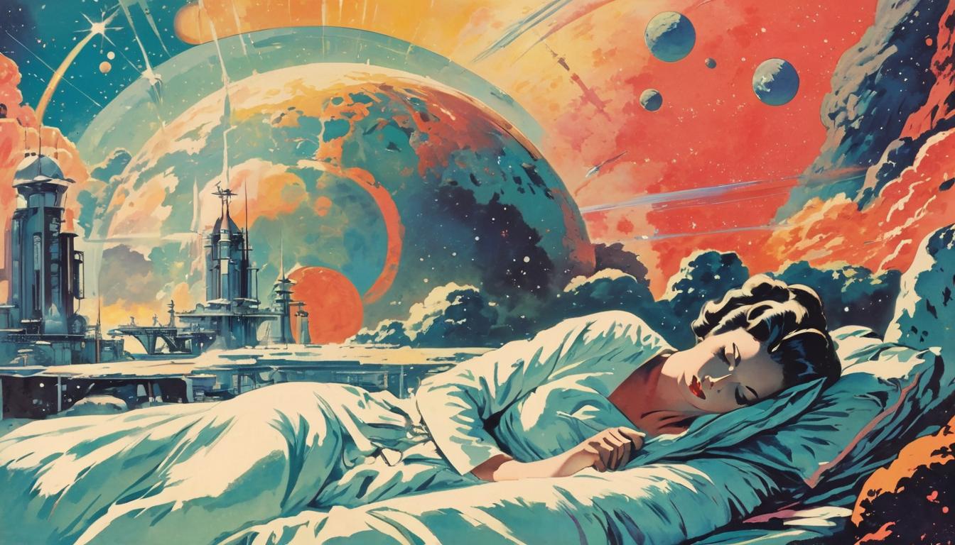  retro futuristic sleeping person, dreamlike imagery, stars and galaxies, messages in sleep lvintage sci fi, 50s and 60s style, atomic age, vibrant, highly detailed