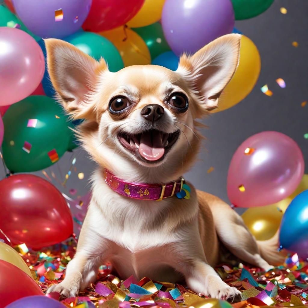  An image of a super happy Chihuahua with an extremely big smile on its face, wagging its tail enthusiastically. The Chihuahua is surrounded by rainbow-colored balloons and confetti, in a magical wonderland filled with sparkles and glitter, under a rainbow in the sky. hyperrealistic, full body, detailed clothing, highly detailed, cinematic lighting, stunningly beautiful, intricate, sharp focus, f/1. 8, 85mm, (centered image composition), (professionally color graded), ((bright soft diffused light)), volumetric fog, trending on instagram, trending on tumblr, HDR 4K, 8K