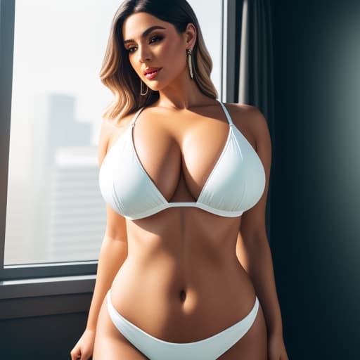  white skin woman , dressed in hot bikini , big boobs and curvy waist , intricate details, photorealistic,hyperrealistic, high quality, highly detailed, cinematic lighting, intricate, sharp focus, f/1. 8, 85mm, (centered image composition), (professionally color graded), ((bright soft diffused light)), volumetric fog, trending on instagram, HDR 4K, 8K