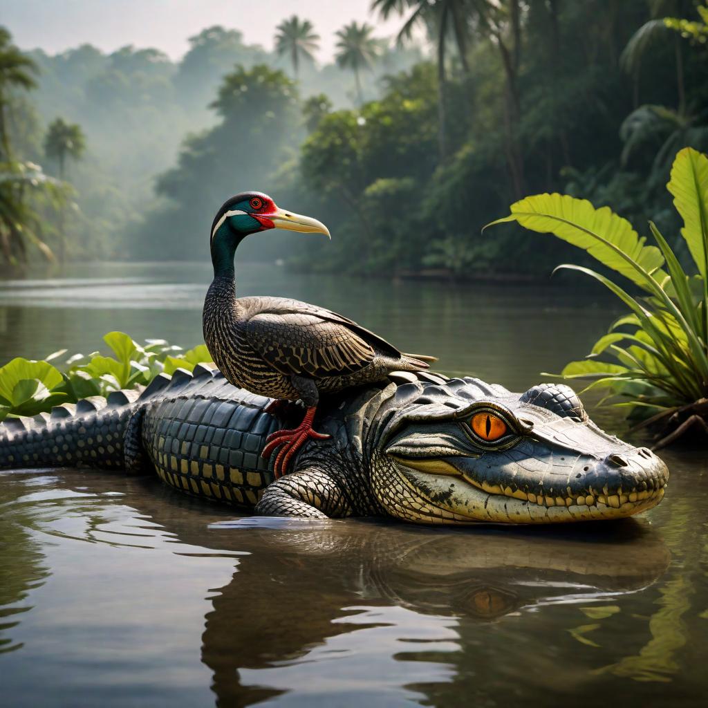  A Sankofa bird with an egg riding on the back of an alligator on water. The Sankofa bird is looking backward while moving forward, symbolizing wisdom and learning from the past, and it is holding an egg. The alligator is partially submerged in water, showcasing a realistic natural environment with greenery on the banks of the water body. hyperrealistic, full body, detailed clothing, highly detailed, cinematic lighting, stunningly beautiful, intricate, sharp focus, f/1. 8, 85mm, (centered image composition), (professionally color graded), ((bright soft diffused light)), volumetric fog, trending on instagram, trending on tumblr, HDR 4K, 8K