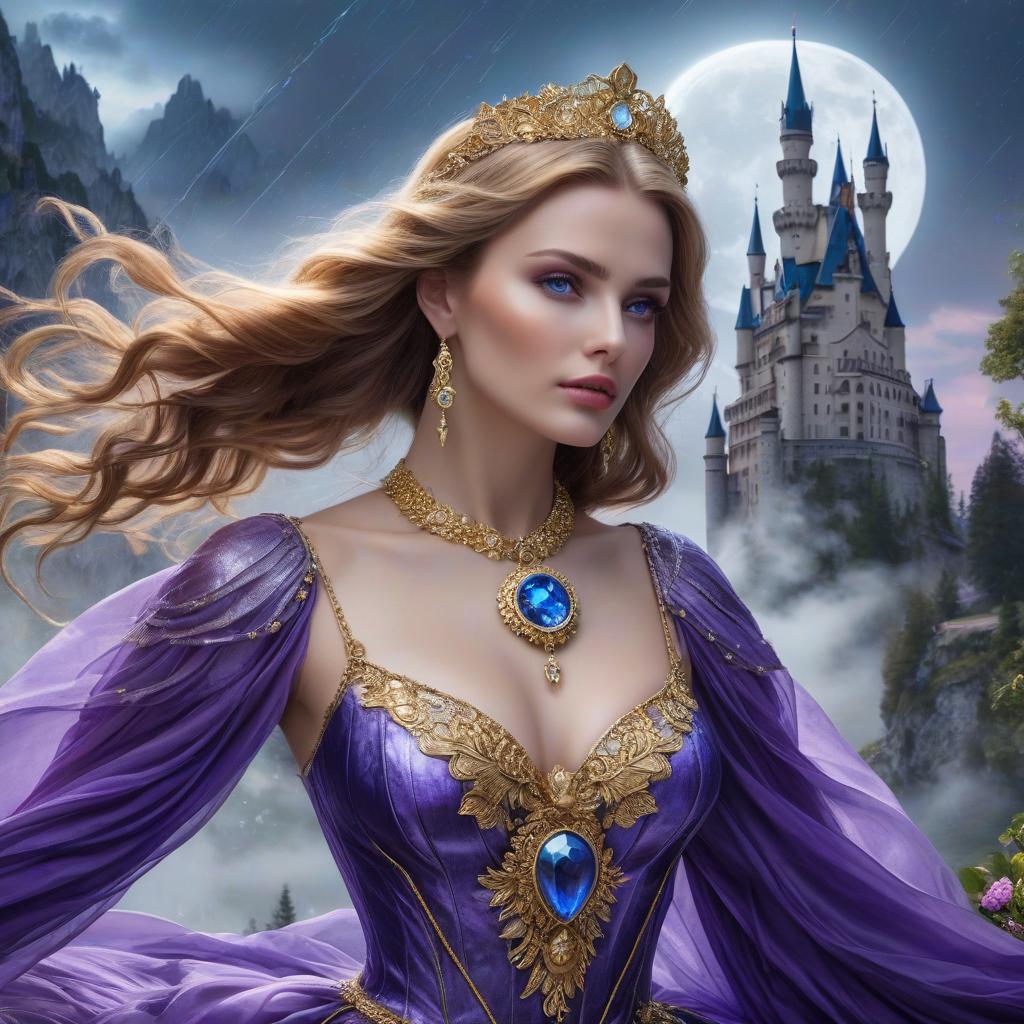  Fairy tale blue eyed eagle. Neuschwanstein. The girl in the gold dress. A very pretty girl. Garden of Eden. Rain. Flying saucer. Space, fantasy. Purple, blue, silver colors. Moon. Amethyst in the shape of a star, necklace around the neck of a girl. hyperrealistic, full body, detailed clothing, highly detailed, cinematic lighting, stunningly beautiful, intricate, sharp focus, f/1. 8, 85mm, (centered image composition), (professionally color graded), ((bright soft diffused light)), volumetric fog, trending on instagram, trending on tumblr, HDR 4K, 8K