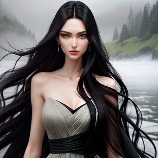  A slender young . Black hair is flowing freely in the wind. Green eyes. There is fog in the background, a gloomy atmosphere, young , green eyes, black wavy long hair, beautiful, regular facial features, , slender, dressed in a dark gray dress, narrow long fingers, graceful, slender figure, small s hyperrealistic, full body, detailed clothing, highly detailed, cinematic lighting, stunningly beautiful, intricate, sharp focus, f/1. 8, 85mm, (centered image composition), (professionally color graded), ((bright soft diffused light)), volumetric fog, trending on instagram, trending on tumblr, HDR 4K, 8K