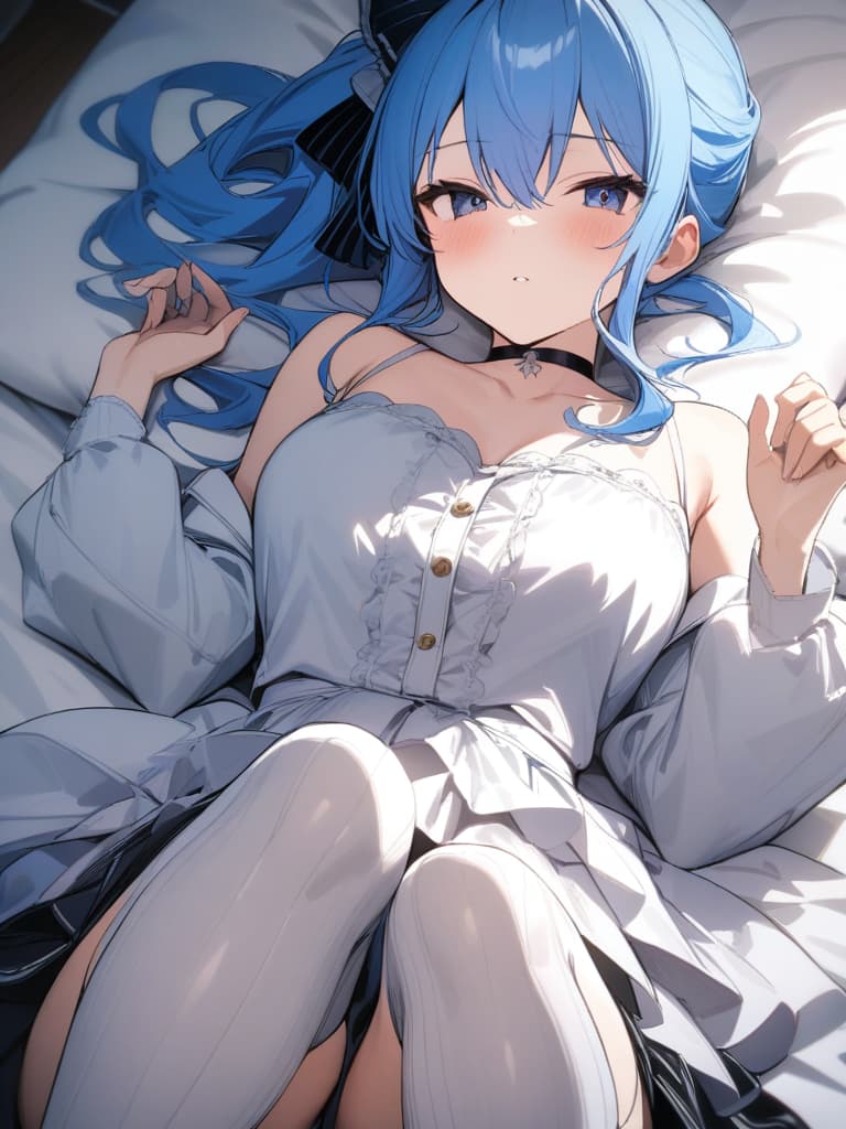  1girl,cowboy shot,cute,choker,embarred,(perfect anatomy),(perfect female body),,knee highs,hoshimachi Suisei,blue hair,ponytail,bedroom,on back, masterpiece, best quality,8k,ultra detailed,high resolution,an extremely delicate and beautiful,hyper detail