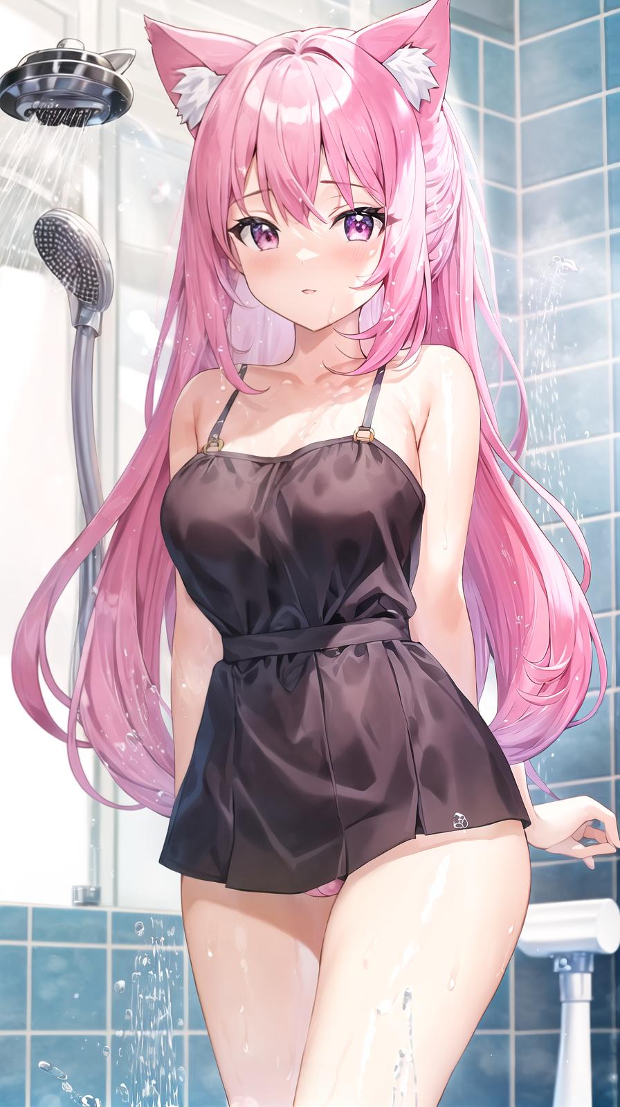  master piece , best quality,Taking a shower, cat ears, pink hair, big s, , beautiful , erect s