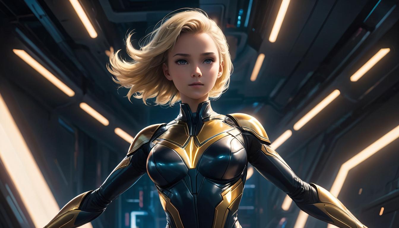  1girl, large busted blonde arian female humanoid, arms outstretched, radiant glow enveloping her, high tech clothing clad in sleek, futuristic costume with metallic accents and form fitting designs, marvel superhero comics style, unreal engine rendering