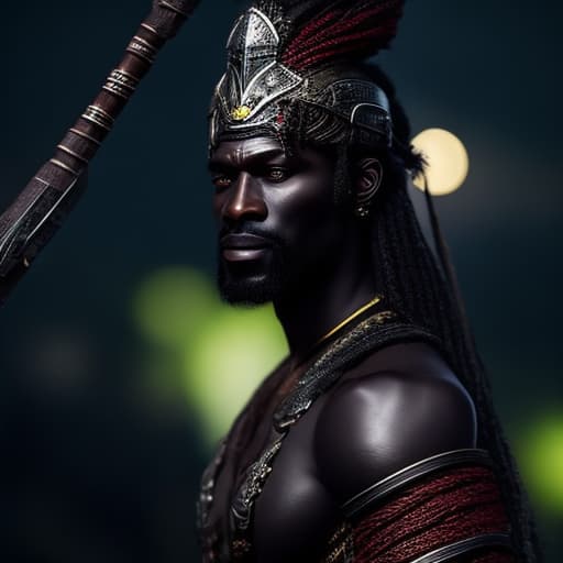  African warrior with long hairs in a battle hyperrealistic, full body, detailed clothing, highly detailed, cinematic lighting, stunningly beautiful, intricate, sharp focus, f/1. 8, 85mm, (centered image composition), (professionally color graded), ((bright soft diffused light)), volumetric fog, trending on instagram, trending on tumblr, HDR 4K, 8K