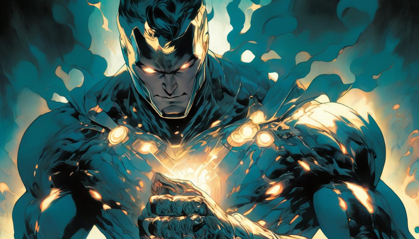  hyperrealism,fantasy aestheticA person surrounded by shadows, holding a glowing pendant close to the chest, symbolizing inner strength, purity, unyielding spirit, high tech clothing clad in sleek, futuristic costume with metallic accents and form fitting designs, marvel superhero comics style, unreal engine rendering