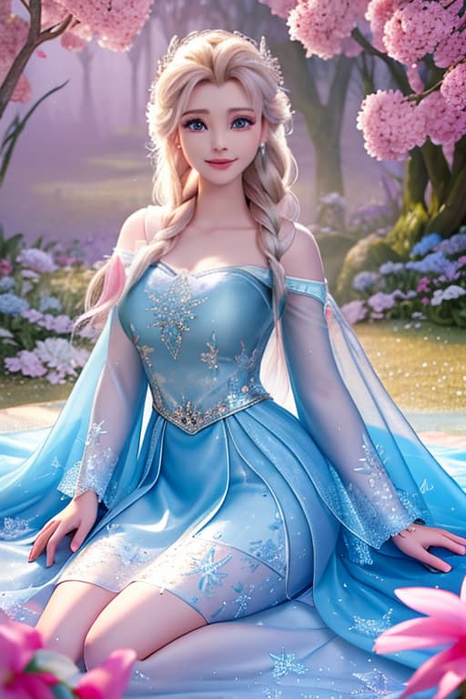  A highly detailed and realistic photo in the style of Disney, featuring a character resembling young Elsa. The image shows young Elsa wearing a Nike logo pink sweat shirts,surrounded by glowing flowers. She is sitting on a petal strewn ledge in a magical, dreamy environment. The scene is illuminated with soft, mystical light, creating an enchanting and whimsical atmosphere. Elsa's expression is filled with wonder and joy as she interacts with the butterflies. The background is softly blurred to keep the focus on Elsa and the flowers. hyperrealistic, full body, detailed clothing, highly detailed, cinematic lighting, stunningly beautiful, intricate, sharp focus, f/1. 8, 85mm, (centered image composition), (professionally color graded), ((bright soft diffused light)), volumetric fog, trending on instagram, trending on tumblr, HDR 4K, 8K