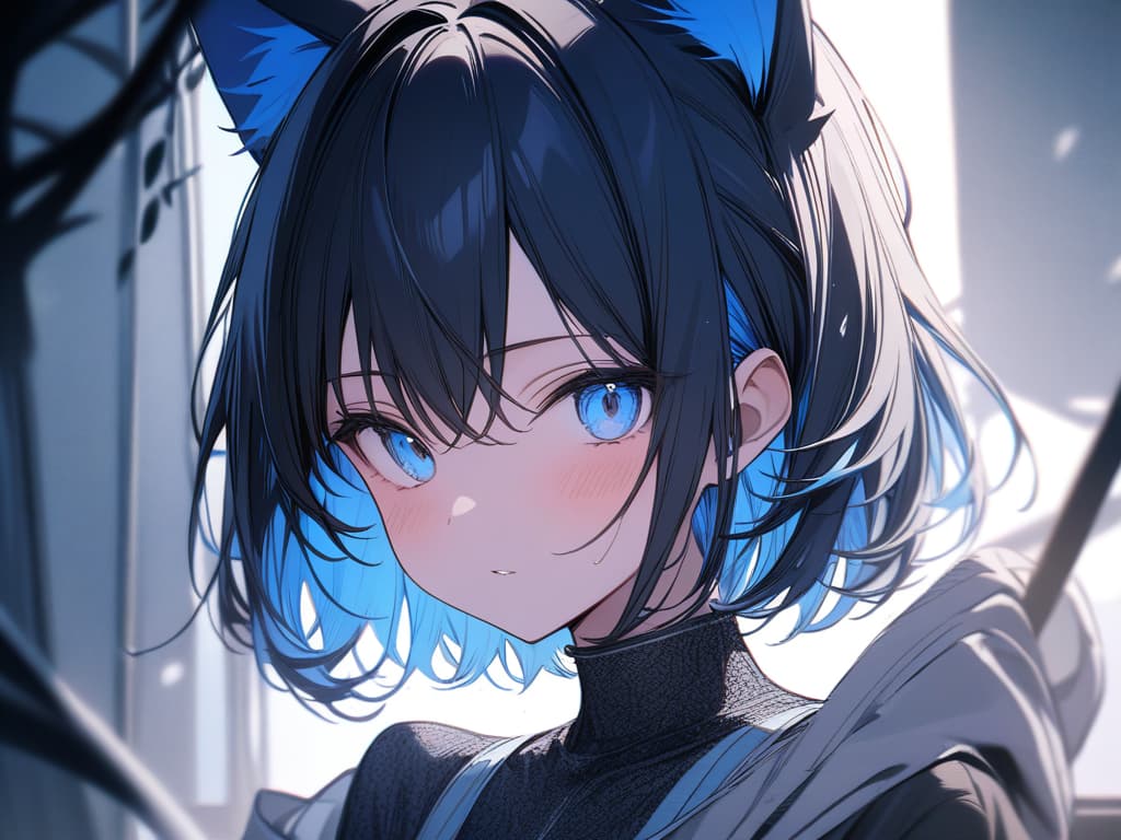  Short hair, light blue mesh, , cat ears, jit, light blue eyes, big s, dark blue hair, light blue inner color, masterpiece, best quality,8k,ultra detailed,high resolution,an extremely delicate and beautiful,hyper detail