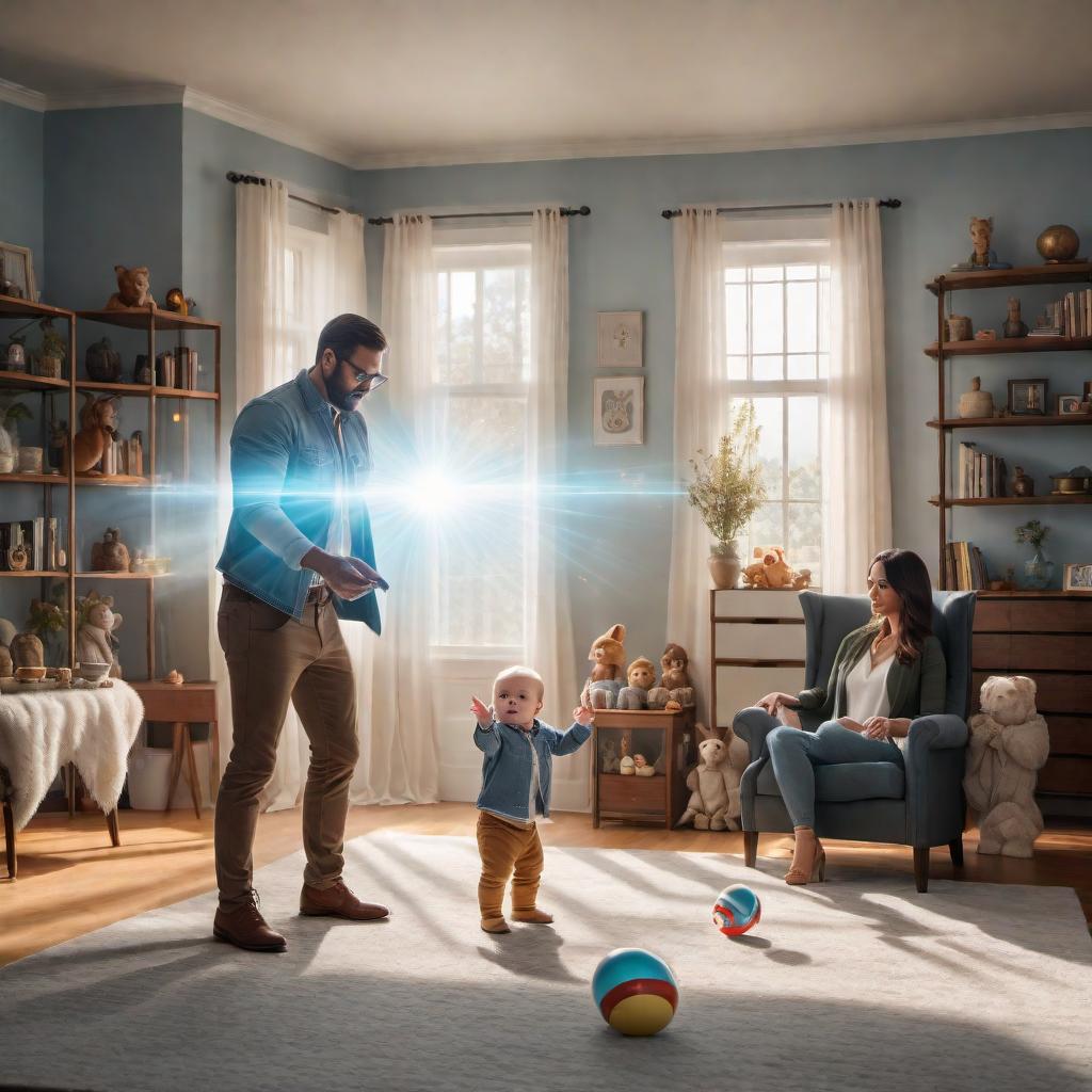  A scene where a parent realizes their baby has superpowers. The baby is floating in the air with a glowing aura around them, holding a toy with telekinesis, while the parents look on with a mix of amazement, shock, and bewilderment. The setting is a cozy living room with toys scattered around, and sunlight streaming through the windows. hyperrealistic, full body, detailed clothing, highly detailed, cinematic lighting, stunningly beautiful, intricate, sharp focus, f/1. 8, 85mm, (centered image composition), (professionally color graded), ((bright soft diffused light)), volumetric fog, trending on instagram, trending on tumblr, HDR 4K, 8K