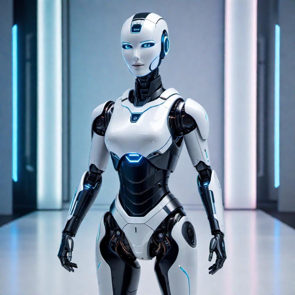  A friendly AI assistant represented as a modern, sleek robot with a friendly expression. The robot is in a futuristic, high-tech environment with glowing holographic screens around. The design is clean and polished, and the background has a minimalistic, sci-fi feel. hyperrealistic, full body, detailed clothing, highly detailed, cinematic lighting, stunningly beautiful, intricate, sharp focus, f/1. 8, 85mm, (centered image composition), (professionally color graded), ((bright soft diffused light)), volumetric fog, trending on instagram, trending on tumblr, HDR 4K, 8K