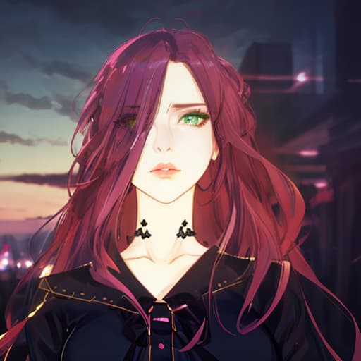  Girl, lavender hair, green eyes, narrow pupil, anime, to her waist, scar in the shape of a band on her nose, long hair, black choker around her neck, clouds. hyperrealistic, full body, detailed clothing, highly detailed, cinematic lighting, stunningly beautiful, intricate, sharp focus, f/1. 8, 85mm, (centered image composition), (professionally color graded), ((bright soft diffused light)), volumetric fog, trending on instagram, trending on tumblr, HDR 4K, 8K