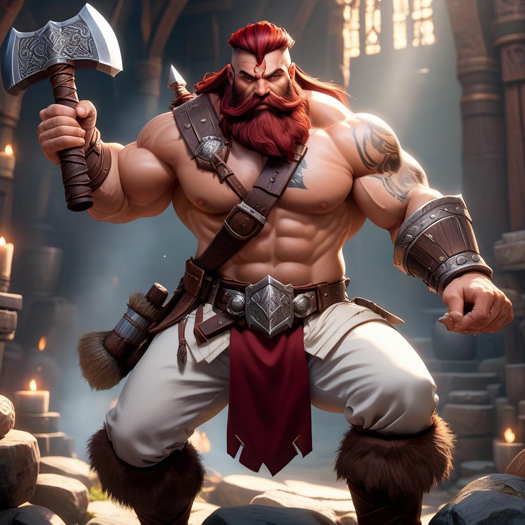  Barbarian dwarf, dark red hair, luxurious beard, white shirt, brown trousers, brown eyes, two handed battle hammer in the left hand, Dungeons and dragons, fantasy, tattoos, glass beer mug in the right hand, fantasy hyperrealistic, full body, detailed clothing, highly detailed, cinematic lighting, stunningly beautiful, intricate, sharp focus, f/1. 8, 85mm, (centered image composition), (professionally color graded), ((bright soft diffused light)), volumetric fog, trending on instagram, trending on tumblr, HDR 4K, 8K