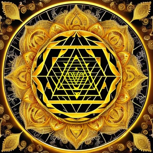  Sri yantra barely visible with gold and silver background with sparkles with rising phoenix