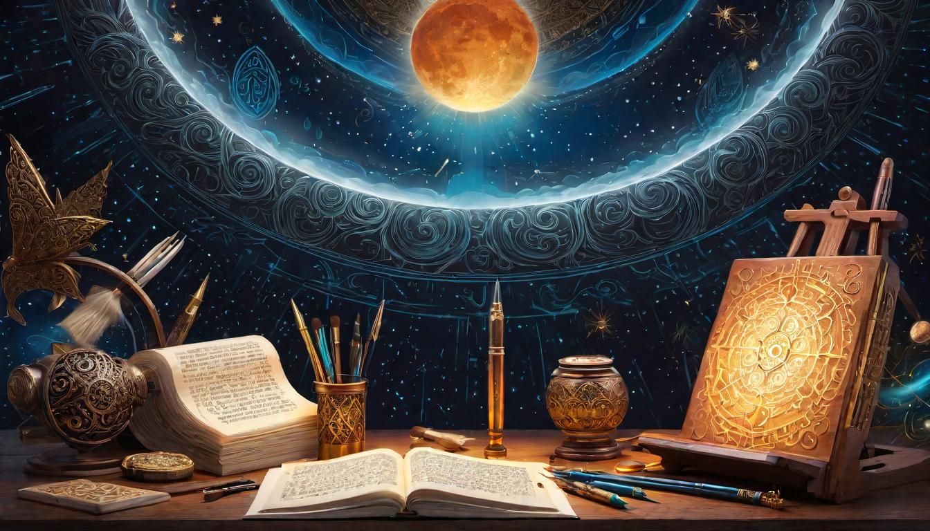  digital illustration, A table with celestial tools, glowing pens, brushes, ancient scrolls, intricate celestial patterns, distributed chaotically, manifesting creation, dynamic and electric, looking at viewer, dynamic pose, (intricate details, masterpiece, best quality)