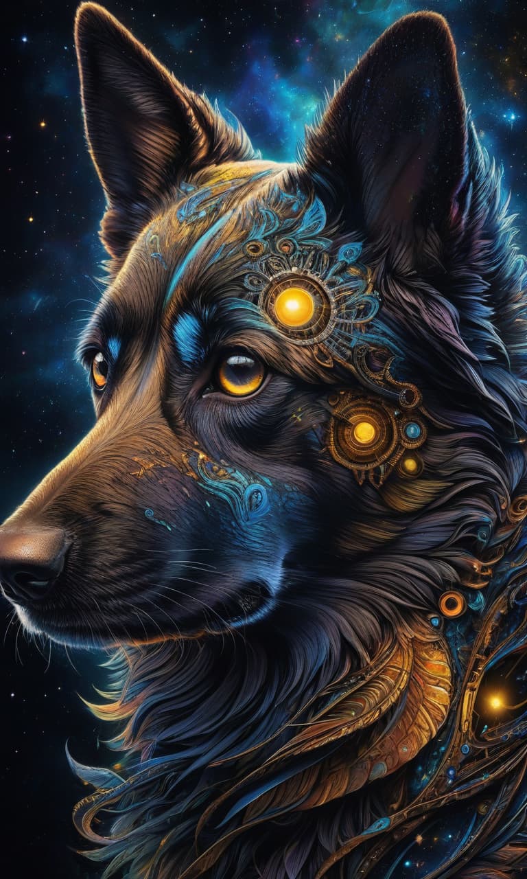  (psychedelic art, high detail, fantasy art: 1.3), mesmerizing dog face, brightly glowing eyes with rotating colors, stunning combination of black, blue and yellow shades, intricate patterns and patterns, space background with galaxies and stars, ethereal and mystical atmosphere , otherworldly beauty, intricate celestial patterns, cosmic energy emanating from the eyes, a mesmerizing and captivating gaze, transcendental and surreal, a vibrant and dynamic composition, a close up that captures every intricate detail. hyperrealistic, full body, detailed clothing, highly detailed, cinematic lighting, stunningly beautiful, intricate, sharp focus, f/1. 8, 85mm, (centered image composition), (professionally color graded), ((bright soft diffused light)), volumetric fog, trending on instagram, trending on tumblr, HDR 4K, 8K