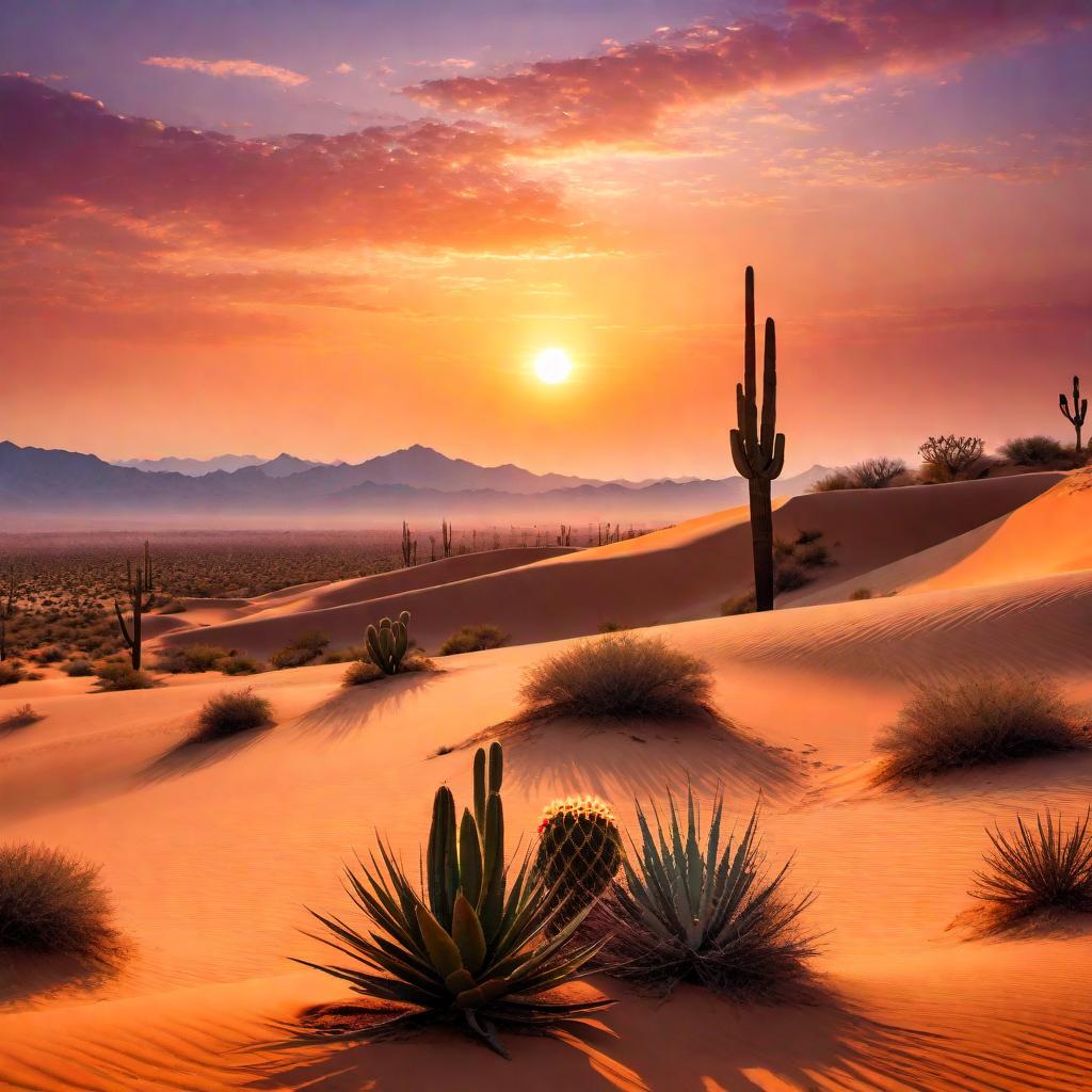  a stunning desert sunset featuring a vast and arid landscape with sand dunes, a setting sun casting a warm orange glow across the sky, and silhouettes of cacti and distant mountains. The sky should be a gradient of vibrant colors, from deep oranges to purples, creating a serene and breathtaking scene. hyperrealistic, full body, detailed clothing, highly detailed, cinematic lighting, stunningly beautiful, intricate, sharp focus, f/1. 8, 85mm, (centered image composition), (professionally color graded), ((bright soft diffused light)), volumetric fog, trending on instagram, trending on tumblr, HDR 4K, 8K