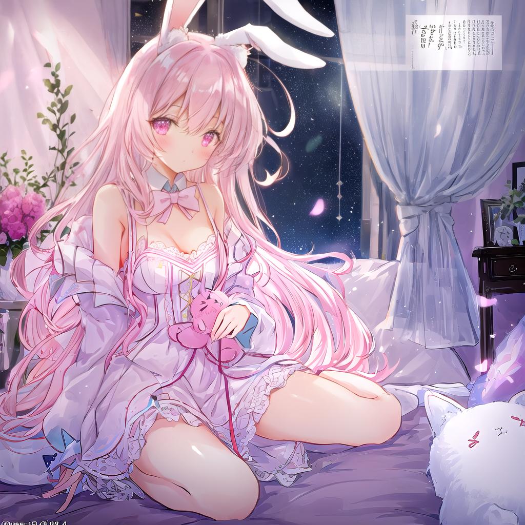  beautiful ilration, best quality, cute , a , bedroom, pastel color, fluffy bunny ears, , silver long hair, rabbit stuffed toy, bright lighting, light pink eyes, chibi, small  hyperrealistic, full body, detailed clothing, highly detailed, cinematic lighting, stunningly beautiful, intricate, sharp focus, f/1. 8, 85mm, (centered image composition), (professionally color graded), ((bright soft diffused light)), volumetric fog, trending on instagram, trending on tumblr, HDR 4K, 8K