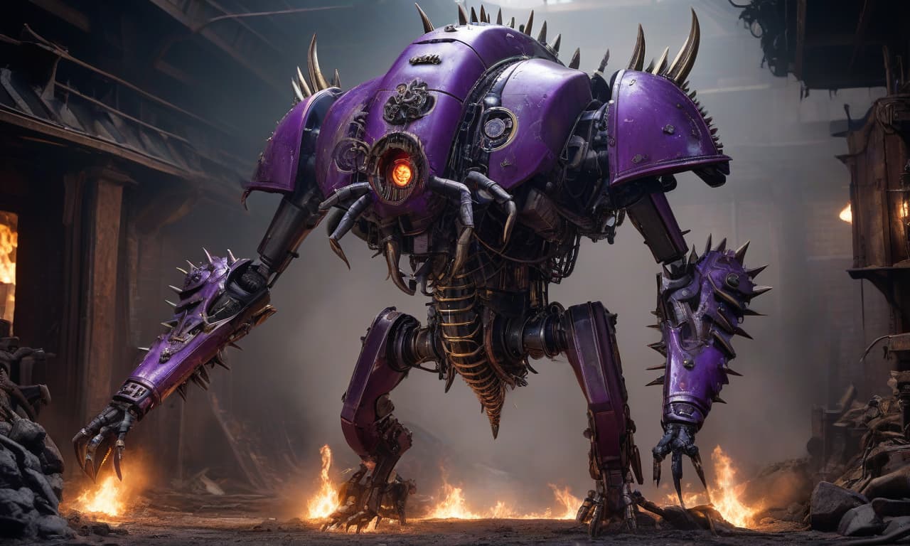  Mechanical, clockwork, magical stove, damaged, horrible, infected with the "Ravager" virus from the game Crohn's, with spiky shields on the sides, with sharp teeth, with a locomotive exhaust on the forehead, with a double scorpion tail, with a long snout, long talons, in place of the left arm a gun, purple flame, lightning, grayings, completely visible body. hyperrealistic, full body, detailed clothing, highly detailed, cinematic lighting, stunningly beautiful, intricate, sharp focus, f/1. 8, 85mm, (centered image composition), (professionally color graded), ((bright soft diffused light)), volumetric fog, trending on instagram, trending on tumblr, HDR 4K, 8K