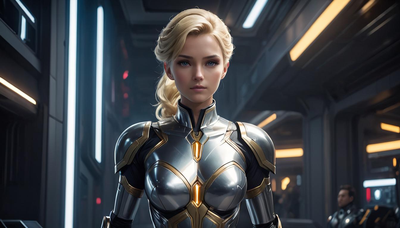  1girl, large busted attractive blond arian female humanoid, moments of triumph, jewels in crown of leadership, confident and radiant, high tech clothing clad in sleek, futuristic costume with metallic accents and form fitting designs, marvel superhero comics style, unreal engine rendering